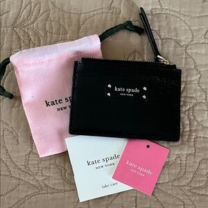 kate spade Black Leather Zip Card Holder with Logo Plate